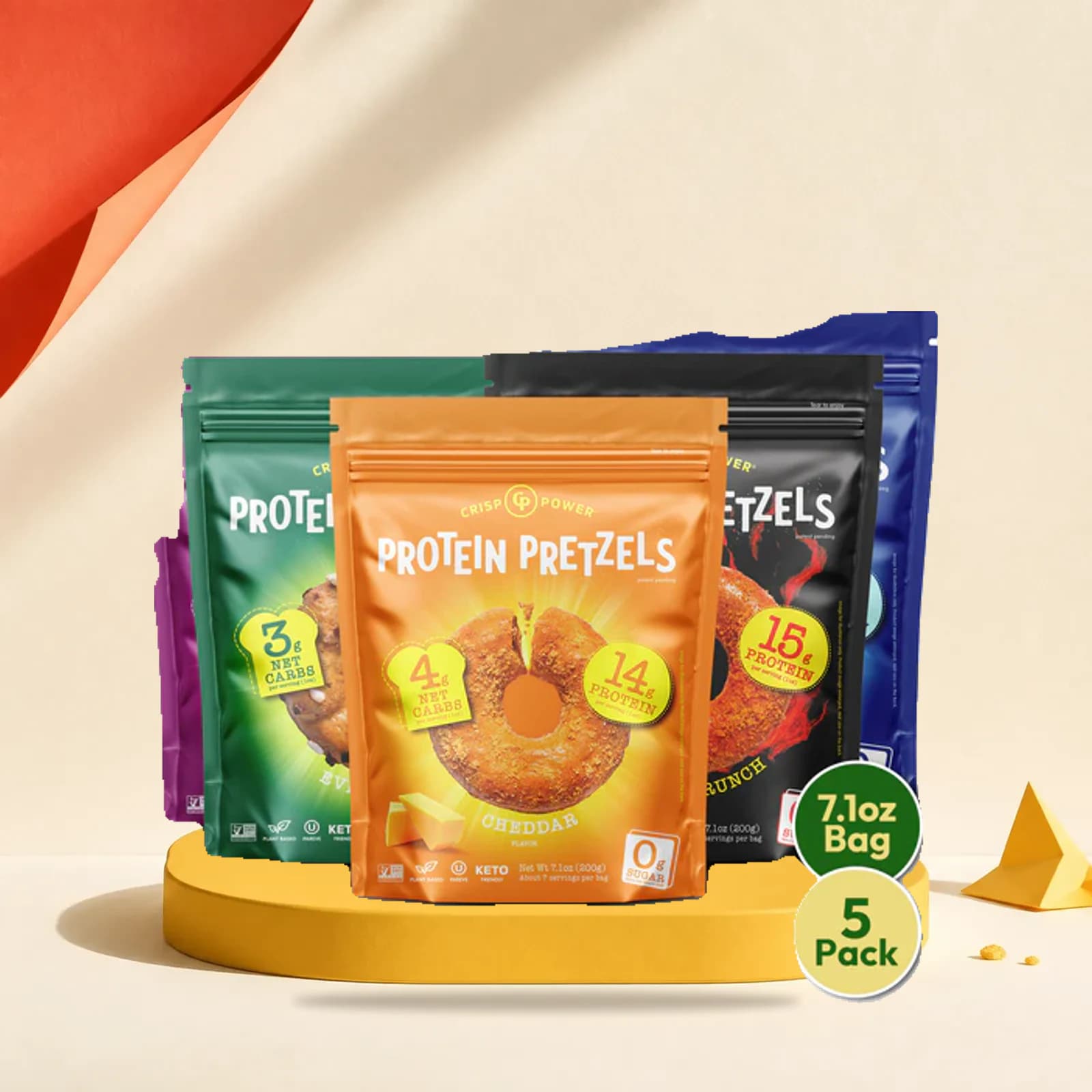 Crisp Power Protein Pretzels package on the snack studio set