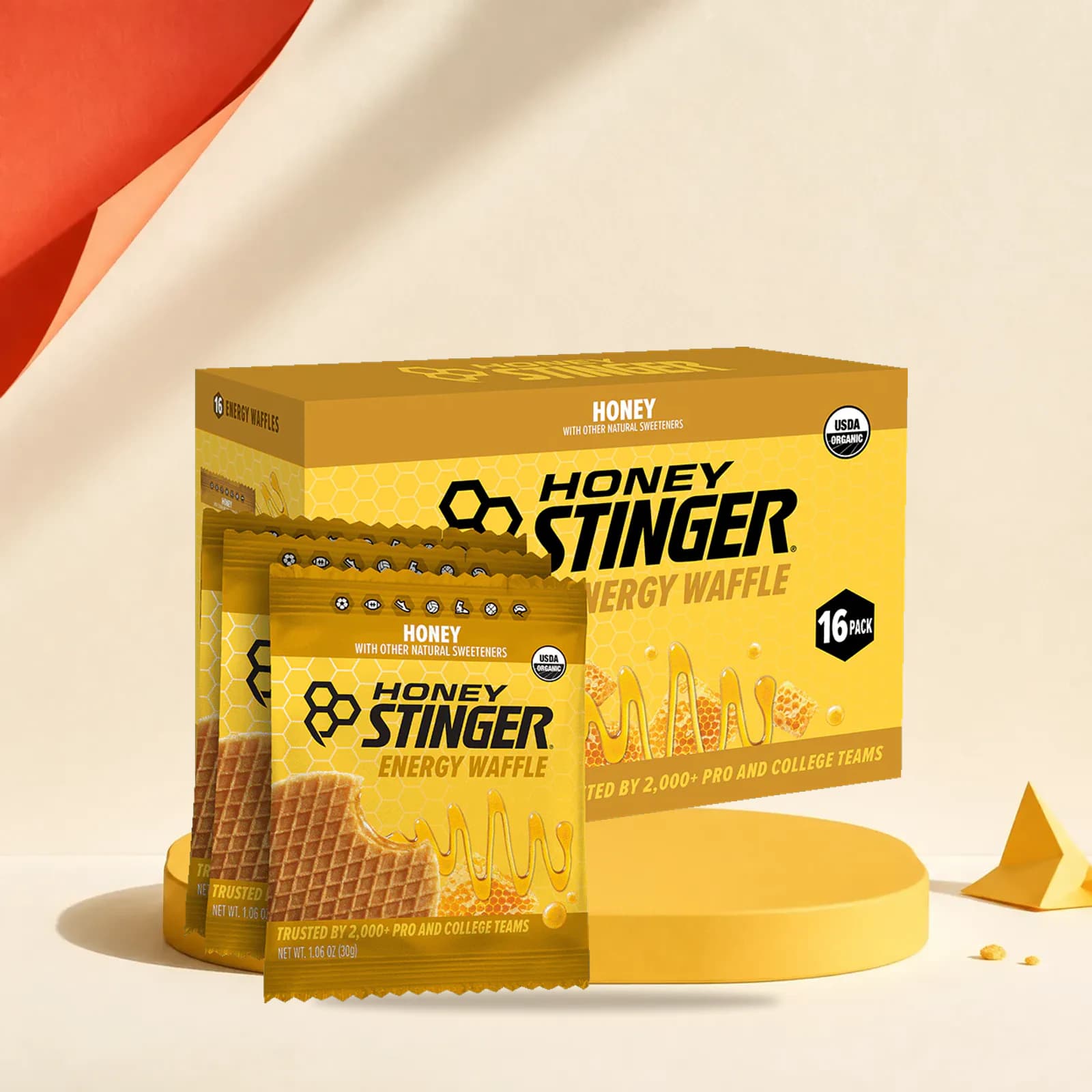 Honey Stinger Energy Waffles package on the snack studio set